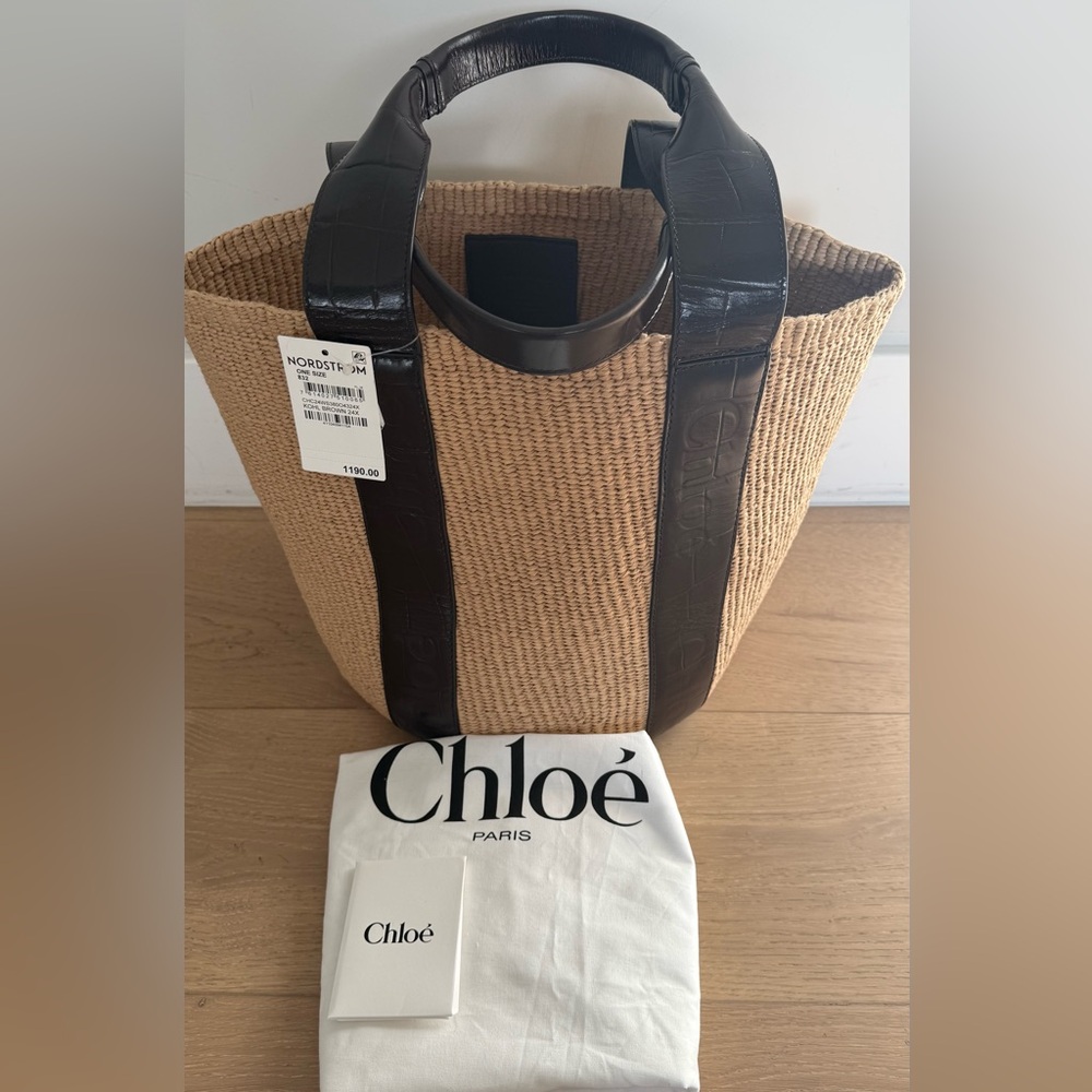 Chloé Woody Large Raffia Basket Tote Brown Leather Logo NWT
